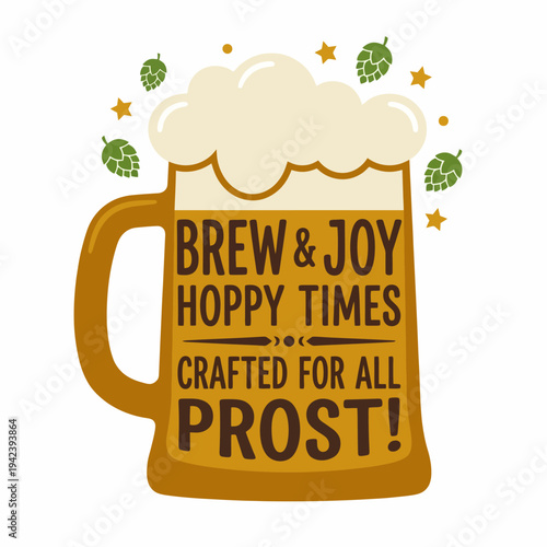 A vibrant illustration of a beer mug with frothy foam, hops, and joyful elements, perfect for celebrating good times and craft beer culture.