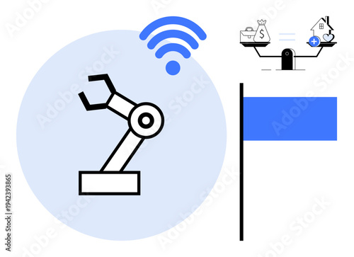 Automation technology. Automated robotic arm with wireless connection reflecting modern technology trends. Balance scale image conveying financial and personal health considerations. For tech