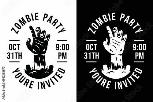 A spooky invitation design for a zombie-themed party, featuring a rising undead hand and bold text. Perfect for Halloween or any creepy event. Get ready to party!