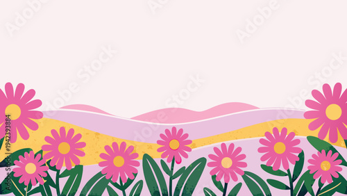 Vibrant floral landscape with pink flowers and rolling hills