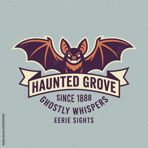 An eerie logo design that features a menacing bat and an inviting banner, representing a haunted grove. Ideal for spooky tours or Halloween-themed events.