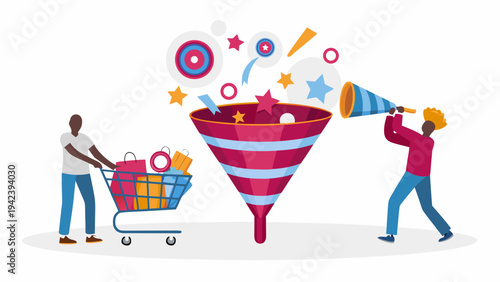 People shopping with megaphone and sales funnel