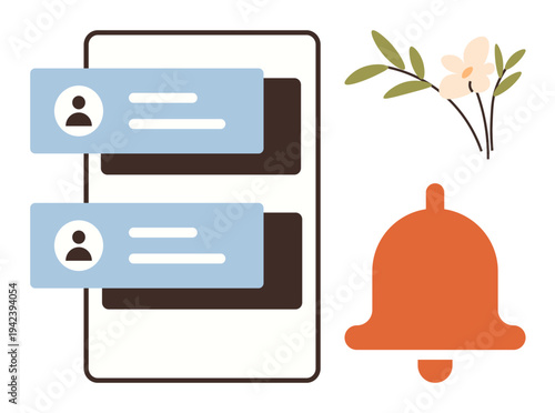 Communication tools, digital notifications, messaging, social media alerts, user interface, online interaction. Chat bubbles, notification bell and flower graphic. Communication tools and digital
