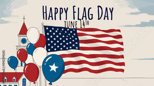 A patriotic illustration of a church and American flag with balloons celebrating Flag Day on June 14th from a frontal viewpoint.