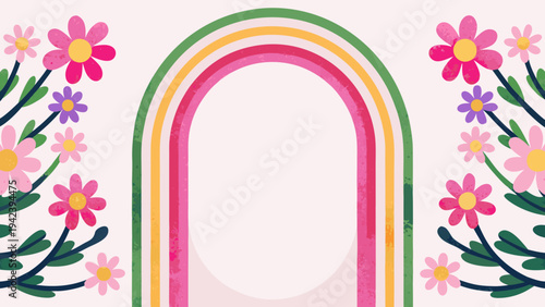 Vibrant rainbow arch with colorful flowers on either side