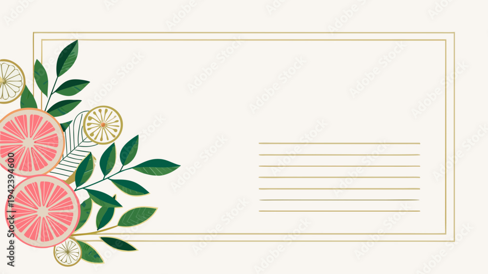 Fototapeta premium Vibrant citrus slices with green leaves on elegant card template