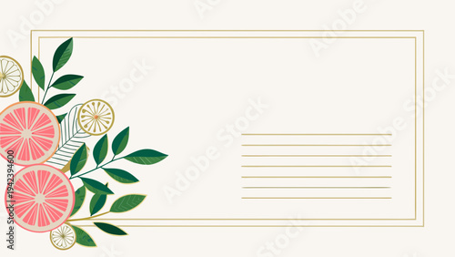 Vibrant citrus slices with green leaves on elegant card template