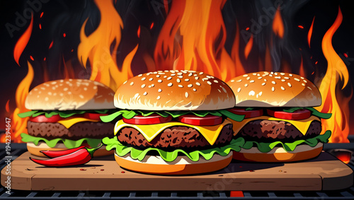 Fiery Barbecue Gourmet Burgers with Cheese and Fresh Toppings Vector