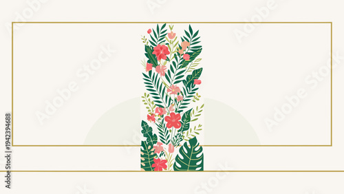 Vibrant tropical floral design with lush greenery and pink flowers