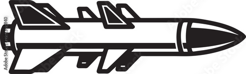 Black and white vector illustration of a single missile or rocket, depicting military, war, or space exploration concepts, ideal for graphic design projects, icons, or web elements.
