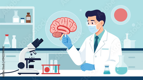 Scientist in Laboratory Wearing Lab Coat, Gloves and Mask Examining Human Brain Model with Microscope, Test Tubes, Flasks and Scientific Equipment Highlighting Neuroscience, Medical Research and Human