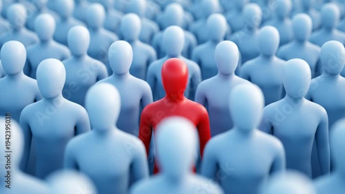 One red figure standing out in a crowd of identical blue people. 3D animation zooming in on a unique individual. Concept of leadership and individuality