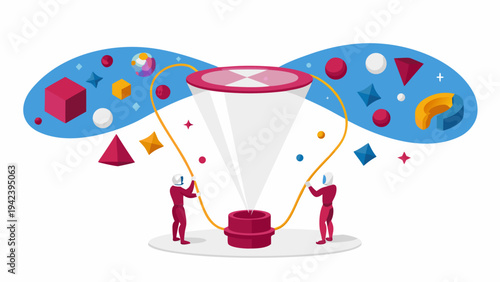Two workers guiding colorful shapes into funnel for organization