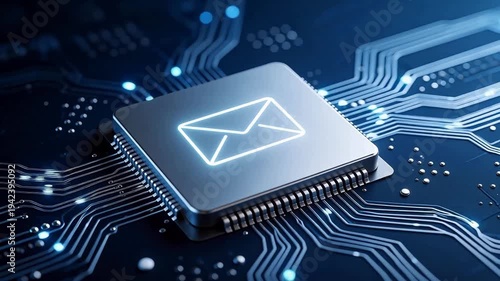 Glowing email icon on a microchip integrated circuit board — digital communication, cybersecurity, and smart technology concept