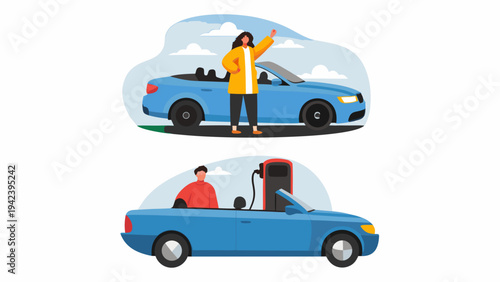 Woman standing by electric car and man charging vehicle