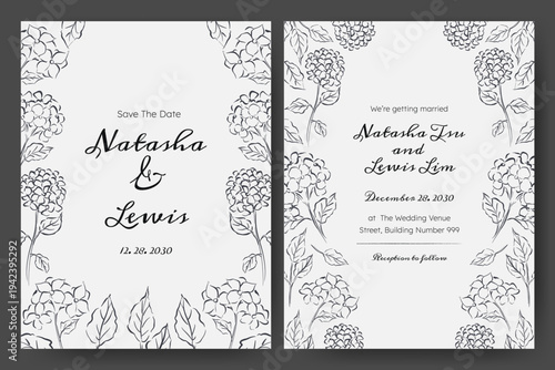 Wedding invitation with hand drawn floral illustration. Hand drawn flower quirky imperfect rough scribble sketch. Perfect for card, poster, flyer