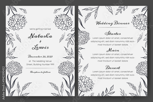 Wedding invitation with hand drawn floral illustration. Hand drawn flower quirky imperfect rough scribble sketch. Perfect for card, poster, flyer