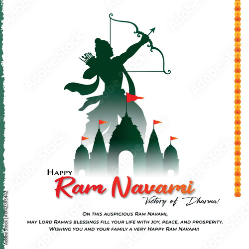 Ram Navami celebration design with Lord Rama archer silhouette and temple architecture background