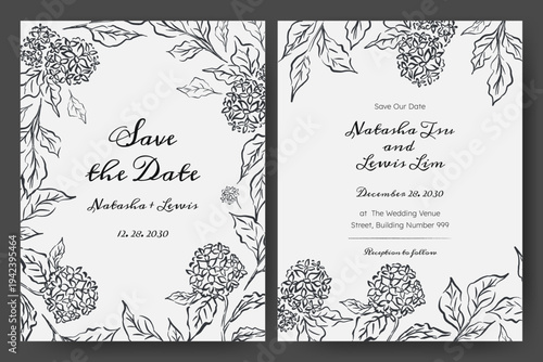Wedding invitation with hand drawn floral illustration. Hand drawn flower quirky imperfect rough scribble sketch. Perfect for card, poster, flyer