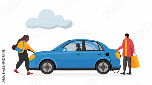 Couple charging electric car together with shopping bags