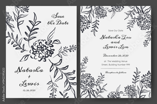 Wedding invitation with hand drawn floral illustration. Hand drawn flower quirky imperfect rough scribble sketch. Perfect for card, poster, flyer