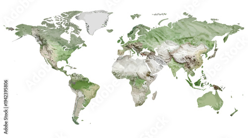 Detailed Physical World Map Showing Continents, Mountain Ranges, Plateaus, Valleys, Plains, Elevation Gradients, Vegetation Zones, Deserts and Natural Landscape Patterns