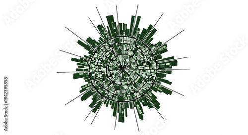Abstract spherical cityscape with radiating lines on white background