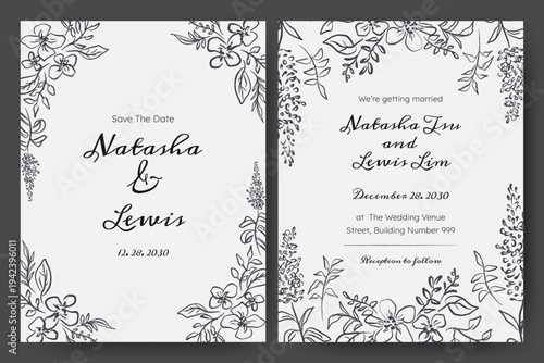 Wedding invitation with hand drawn floral illustration. Hand drawn flower quirky imperfect rough scribble sketch. Perfect for card, poster, flyer