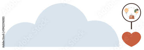 Travel planning, exploration, adventure symbols, love for travel, tourism concepts, wanderlust. Light blue cloud with heart icon and travel-themed magnifying glass. Travel planning and exploration