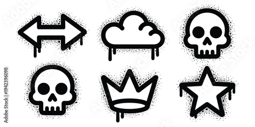 Street Art Graffiti Spray Paint Icon Collection With Drips Splatters And Grunge Texture. Arrow Cloud Skull Crown Star Elements In Pure Black And White For Urban Culture, Hip Hop Graphics And Creative