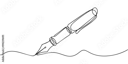 fountain pen for writing continuous one line drawing, One continuous line of pen writing on a sheet. Vector illustration, Fountain pen continuous one line art drawing, one continuous line drawing