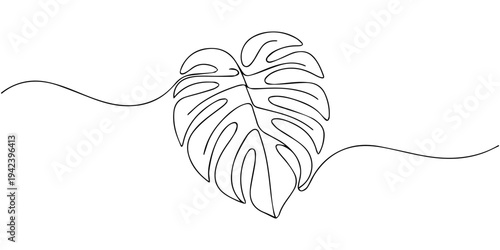 Elegant Monstera Deliciosa Leaf Drawn in a Single Continuous, Unbroken Line, Continuous one line drawing of three monstera deliciosa leaves. minimalist tropical foliage art. elegant botanical vector