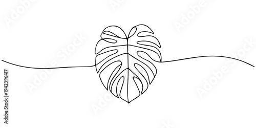 Elegant Monstera Deliciosa Leaf Drawn in a Single Continuous, Unbroken Line, Continuous one line drawing of three monstera deliciosa leaves. minimalist tropical foliage art. elegant botanical vector