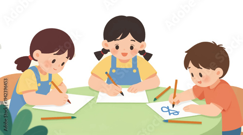 Children Drawing and Learning Together at Creative Classroom Table