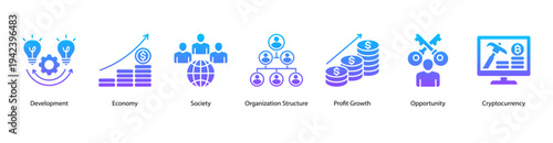 Economic Opportunity web banner  vector illustration featuring Development, Economy, Society, Organization Structure, Profit Growth, Opportunity, and Cryptocurrency.