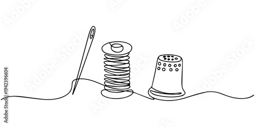 thread with a needle and a thimble for sewing continuous one line drawing, continuous line of needle, thread and scissors.one line drawing of clothing sewing equipment single line vector illustration 