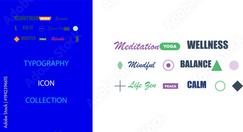 Handyman Repair Service and Wellness Yoga Meditation Typography Icons Collection Vector Graphics.