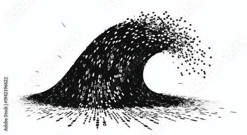 Abstract digital wave breaking with scattered particles against a white background.