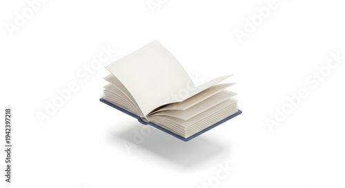 An open blue book with blank white pages on a white background.