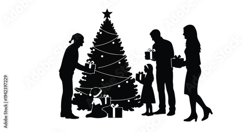 Family exchanges gifts near a decorated Christmas tree, celebrating the holiday season.