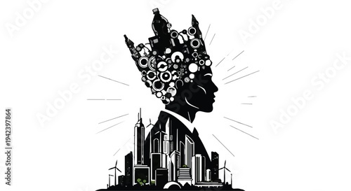 Visionary leader with a crown of ideas and a city skyline representing ambition and success