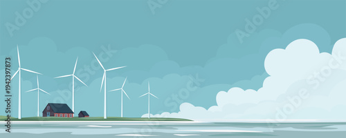 Wind turbines on the seashore. Beautiful coastal landscape with windmills and houses. Vector illustration of a sea beach with a wind farm.