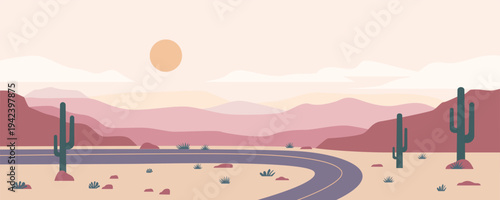 Desert road. A beautiful desert highway leading into the mountains. Vector illustration of a desert with a road, hills, mountains, rocks, and cacti. Mexico landscape.