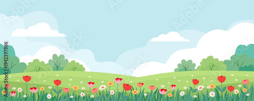 A beautiful landscape with hills, fields, meadows, and flowers. Stunning countryside with trees and blooming meadows. Vector illustration of summer yellow, red, and white flowers.