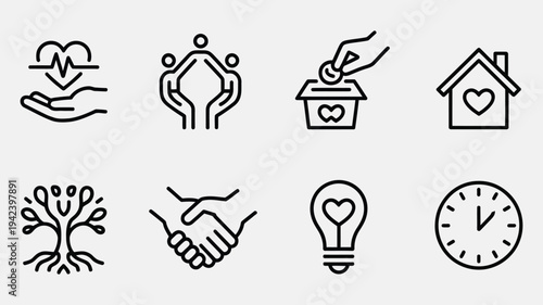 Charity and community icons heart care, family, donation, home, tree, handshake, idea, time, vector set for nonprofit organizations