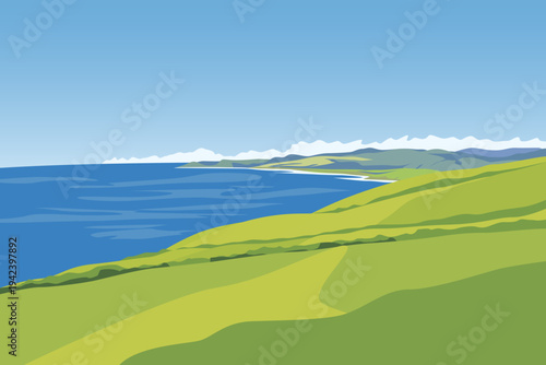 Beautiful summer landscape with a seashore, sky, and cliffs. Sea coast with hills and clouds on the horizon. Vector illustration of a coastline with a blue sea and green meadows.