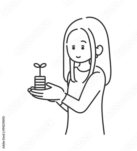 資産運用をイメージした発芽したコインを手に持つ女性のイラスト　線画のみ