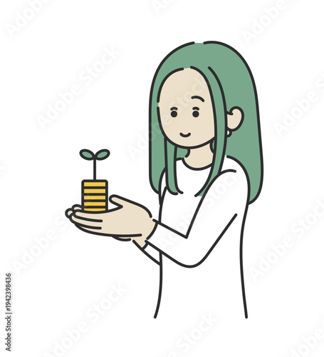 資産運用をイメージした発芽したコインを手に持つ女性のイラスト