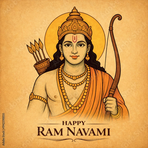 Traditional Lord Rama portrait with crown and bow Happy Ram Navami religious illustration