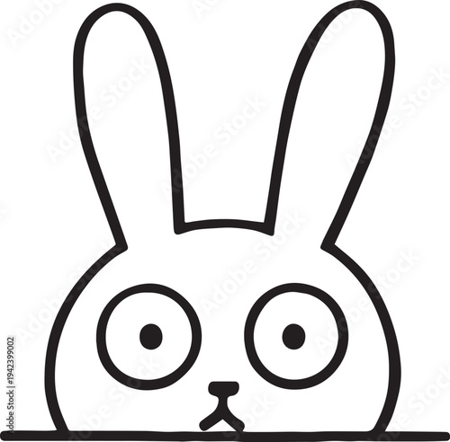 Cute Kawaii Bunny Rabbit Peeking Character Head with Large Eyes and Long Ears Simple Minimalist Hand Drawn Doodle Vector Illustration for Kids Coloring Page and Logo Design